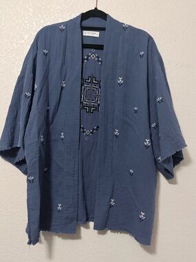 Lucky brand Embroidered Blue Open Front Kimono Jacket